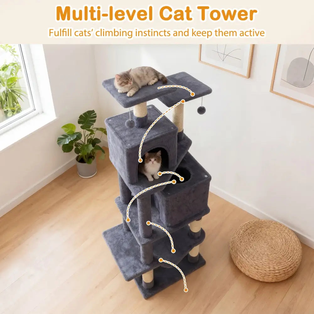 57 Inch Cat Tree with Dual Condos and Hammock and 2 Dangling Balls-Gray - Gray - Cat Trees Condos & Scratchers