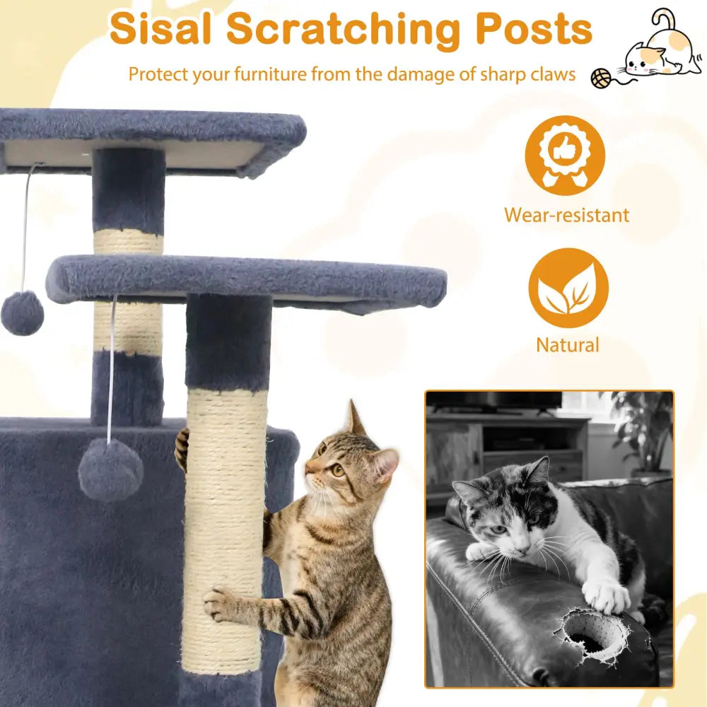 57 Inch Cat Tree with Dual Condos and Hammock and 2 Dangling Balls-Gray - Gray - Cat Trees Condos & Scratchers
