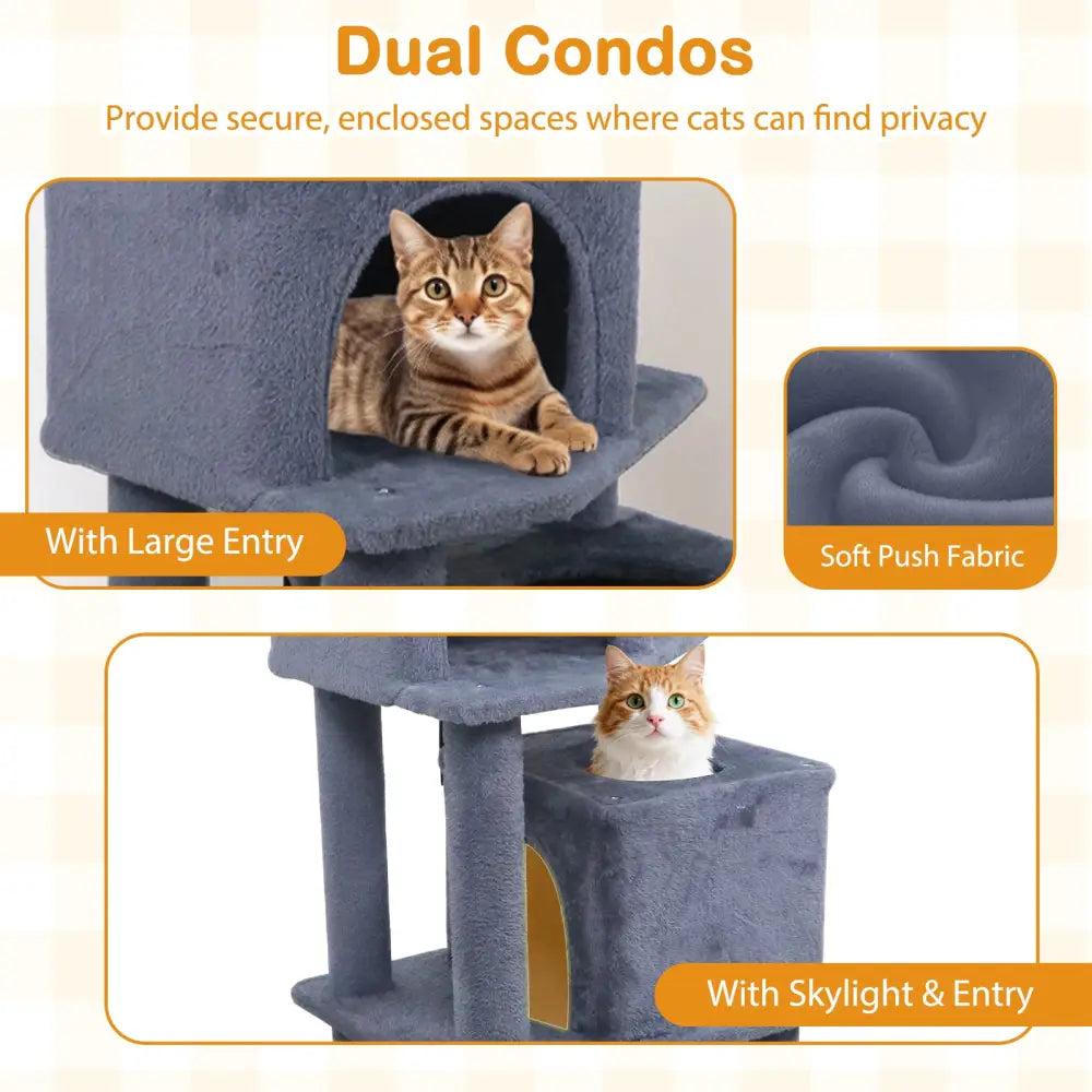 57 Inch Cat Tree with Dual Condos and Hammock and 2 Dangling Balls-Gray - Gray - Cat Trees Condos & Scratchers