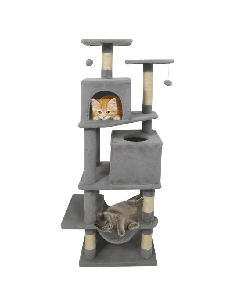 57 Inch Cat Tree with Dual Condos and Hammock and 2 Dangling Balls-Light Gray - Light Gray - Cat Trees Condos &