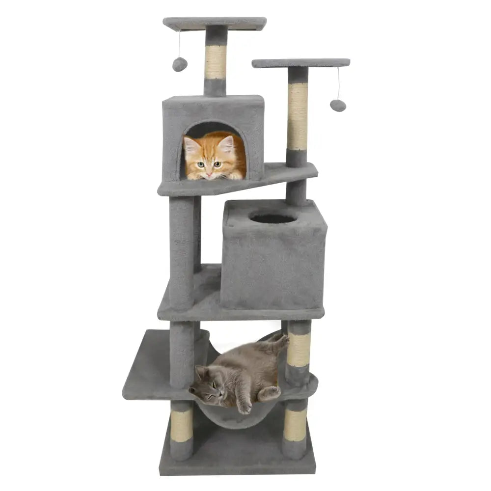 57 Inch Cat Tree with Dual Condos and Hammock and 2 Dangling Balls-Light Gray - Light Gray - Cat Trees Condos &
