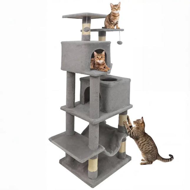 57 Inch Cat Tree with Dual Condos and Hammock and 2 Dangling Balls - Light Gray - Oasis Home Essentials