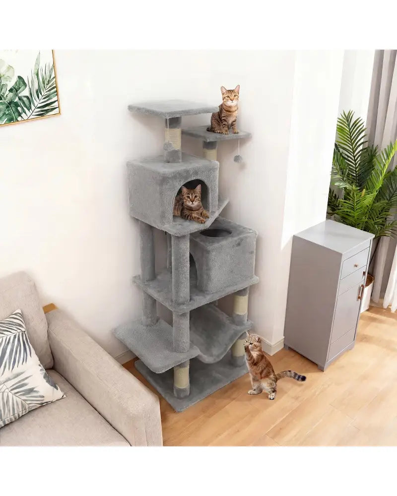 57 Inch Cat Tree with Dual Condos and Hammock and 2 Dangling Balls-Light Gray - Light Gray - Cat Trees Condos &
