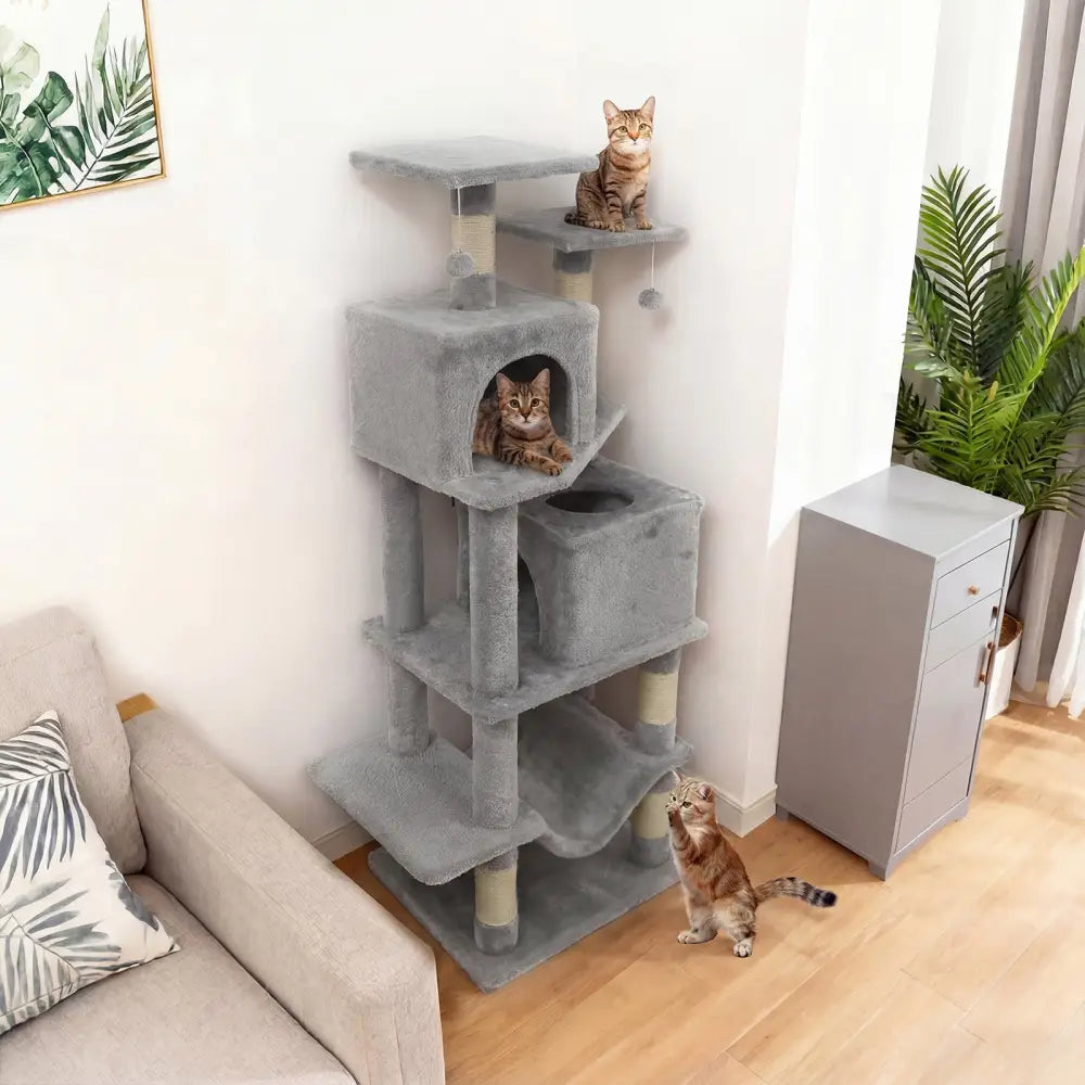 57 Inch Cat Tree with Dual Condos and Hammock and 2 Dangling Balls-Light Gray - Light Gray - Cat Trees Condos &