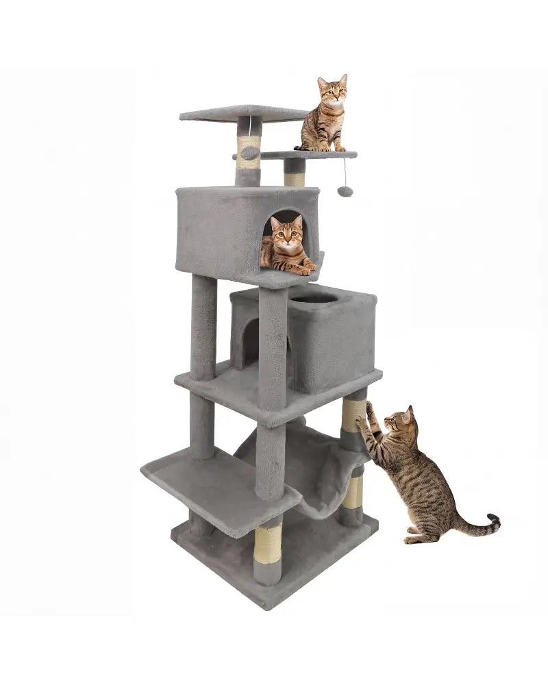 57 Inch Cat Tree with Dual Condos and Hammock and 2 Dangling Balls-Light Gray - Light Gray - Cat Trees Condos &