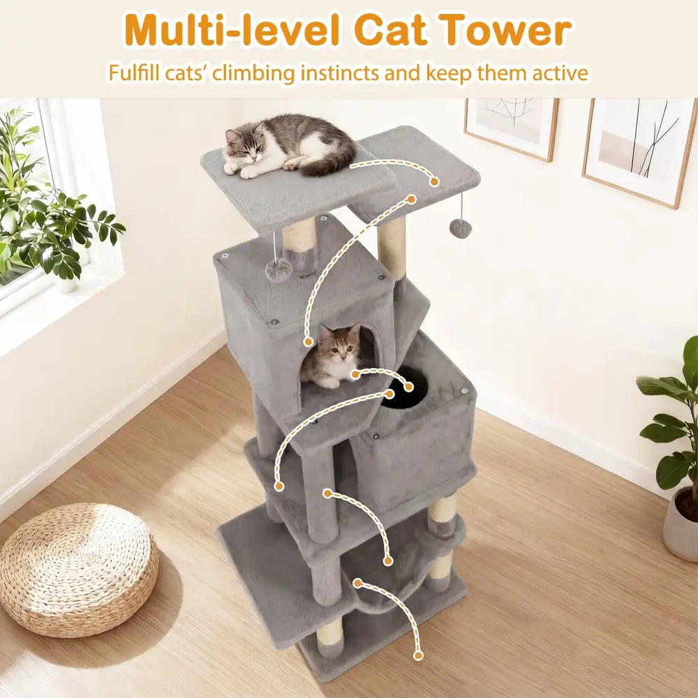 57 Inch Cat Tree with Dual Condos and Hammock and 2 Dangling Balls-Light Gray - Light Gray - Cat Trees Condos &