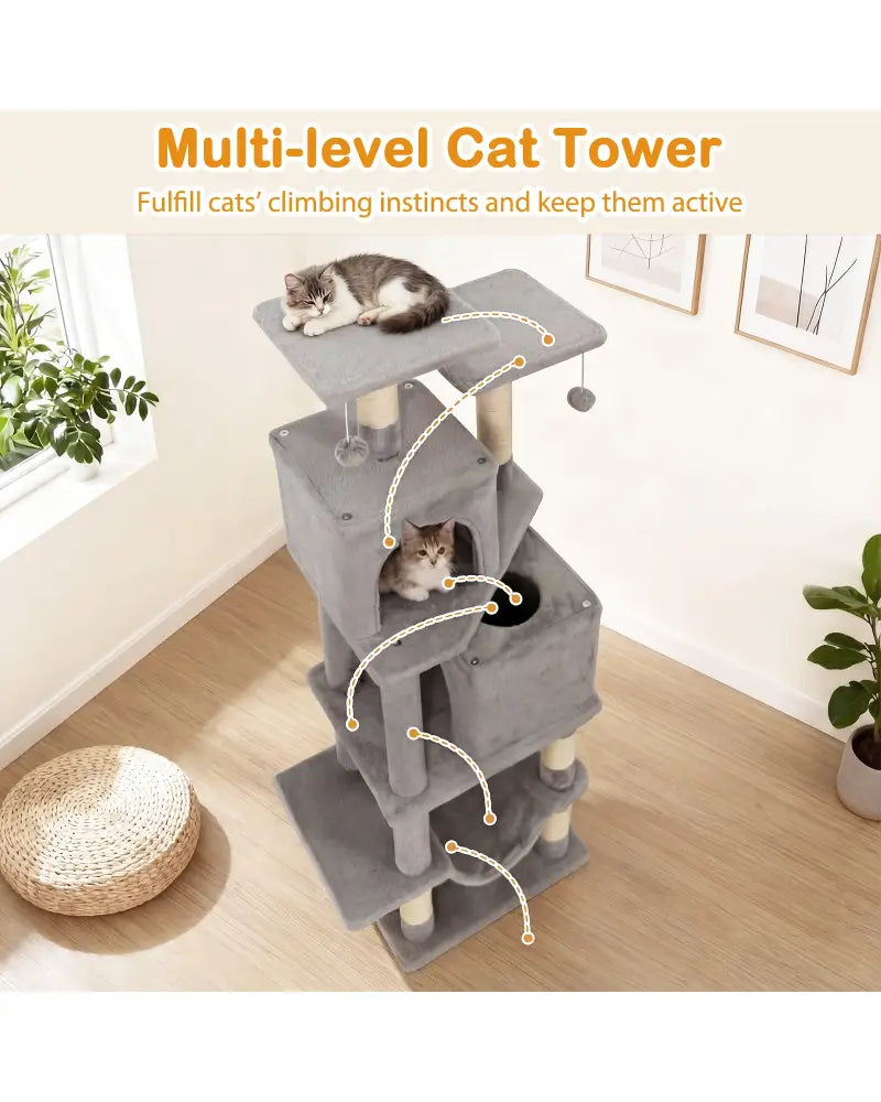 57 Inch Cat Tree with Dual Condos and Hammock and 2 Dangling Balls-Light Gray - Light Gray - Cat Trees Condos &