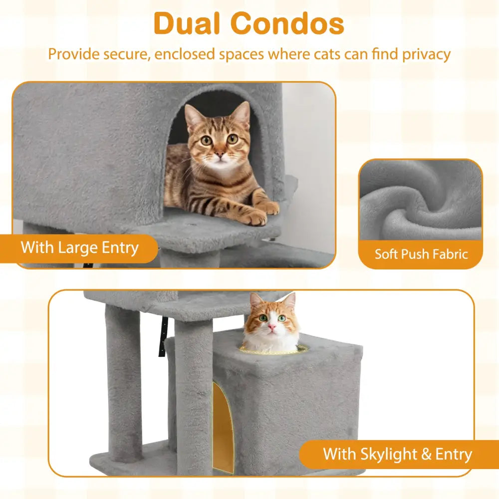 57 Inch Cat Tree with Dual Condos and Hammock and 2 Dangling Balls-Light Gray - Light Gray - Cat Trees Condos &