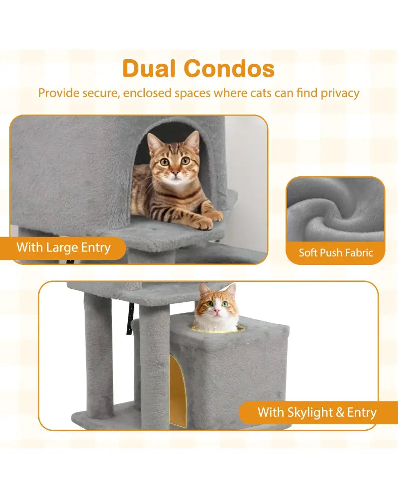 57 Inch Cat Tree with Dual Condos and Hammock and 2 Dangling Balls-Light Gray - Light Gray - Cat Trees Condos &