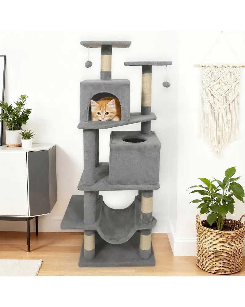 57 Inch Cat Tree with Dual Condos and Hammock and 2 Dangling Balls-Light Gray - Light Gray - Cat Trees Condos &