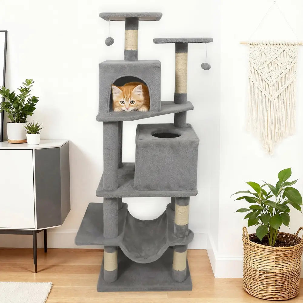 57 Inch Cat Tree with Dual Condos and Hammock and 2 Dangling Balls-Light Gray - Light Gray - Cat Trees Condos &