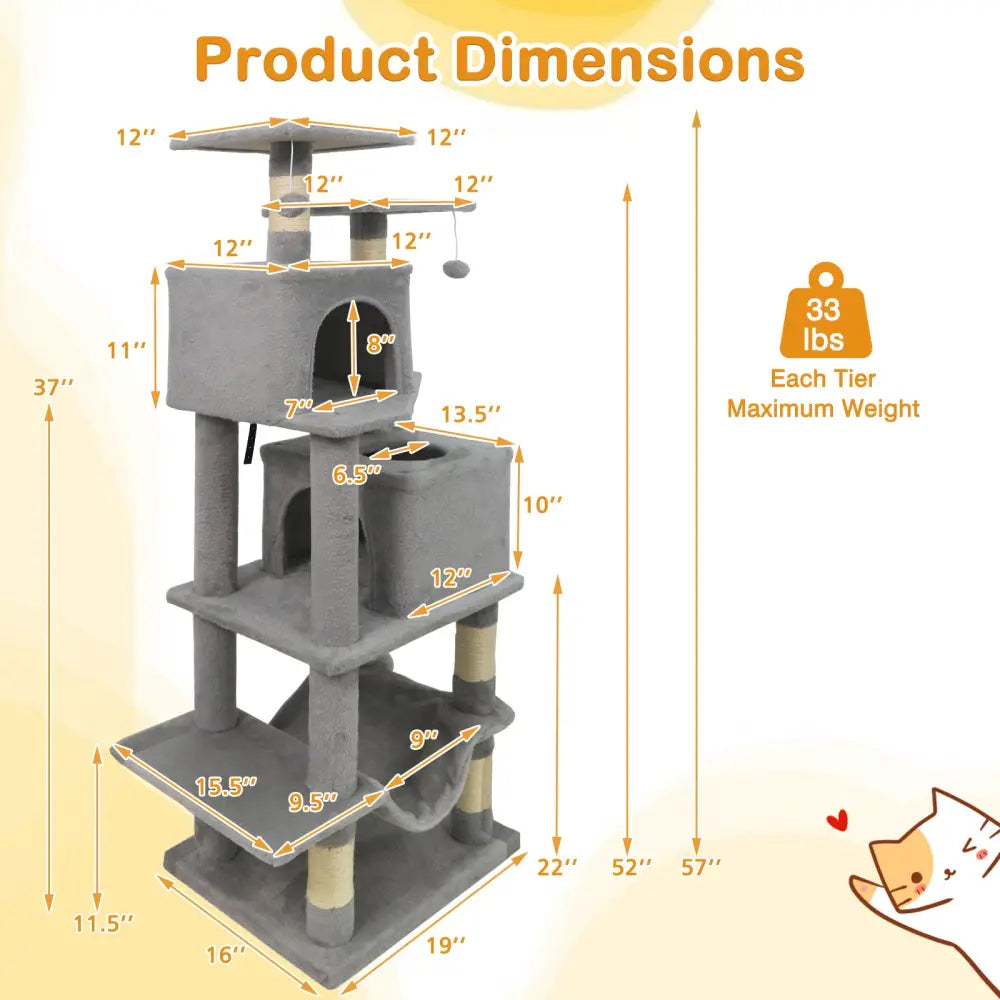 57 Inch Cat Tree with Dual Condos and Hammock and 2 Dangling Balls-Light Gray - Light Gray - Cat Trees Condos &