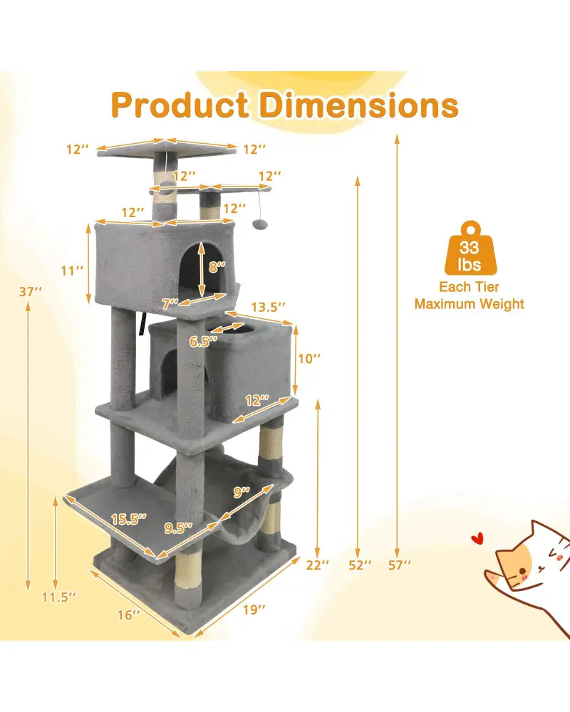 57 Inch Cat Tree with Dual Condos and Hammock and 2 Dangling Balls-Light Gray - Light Gray - Cat Trees Condos &