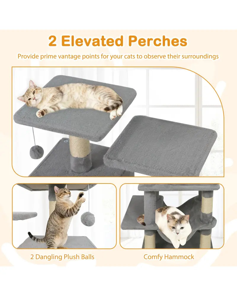 57 Inch Cat Tree with Dual Condos and Hammock and 2 Dangling Balls-Light Gray - Light Gray - Cat Trees Condos &
