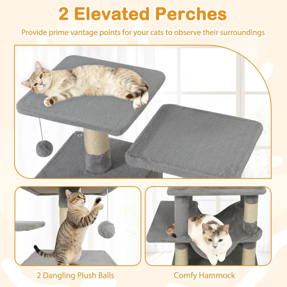 57 Inch Cat Tree with Dual Condos and Hammock and 2 Dangling Balls-Light Gray - Light Gray - Cat Trees Condos &