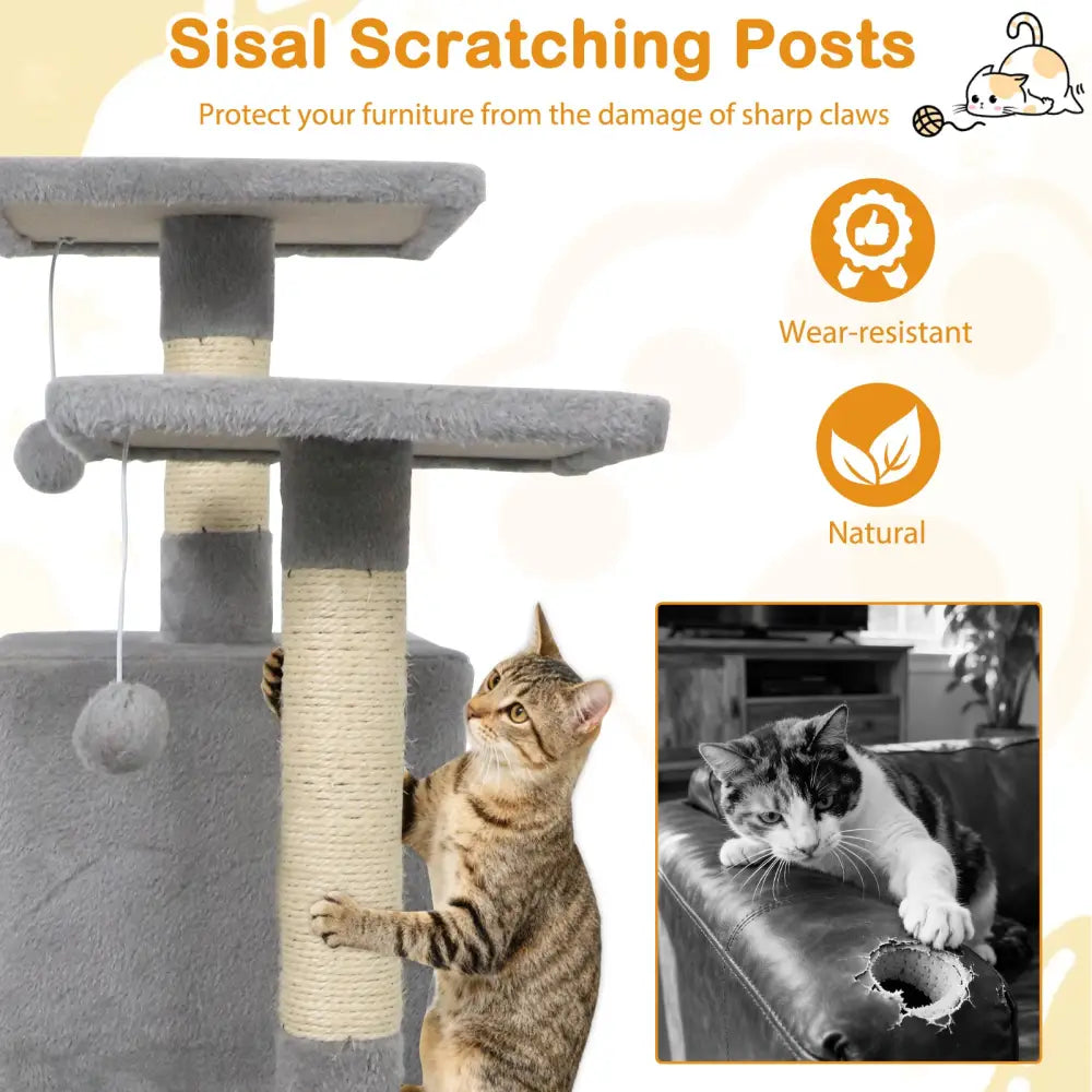 57 Inch Cat Tree with Dual Condos and Hammock and 2 Dangling Balls-Light Gray - Light Gray - Cat Trees Condos &