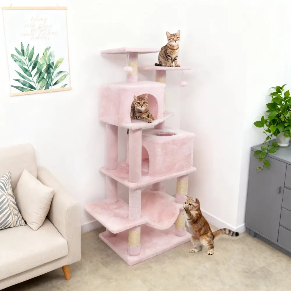 57 Inch Cat Tree with Dual Condos and Hammock and 2 Dangling Balls-Pink - Pink - Cat Trees Condos & Scratchers