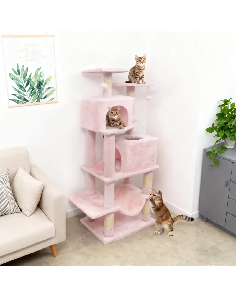 57 Inch Cat Tree with Dual Condos and Hammock and 2 Dangling Balls-Pink - Pink - Cat Trees Condos & Scratchers