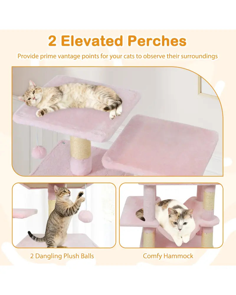 57 Inch Cat Tree with Dual Condos and Hammock and 2 Dangling Balls-Pink - Pink - Cat Trees Condos & Scratchers