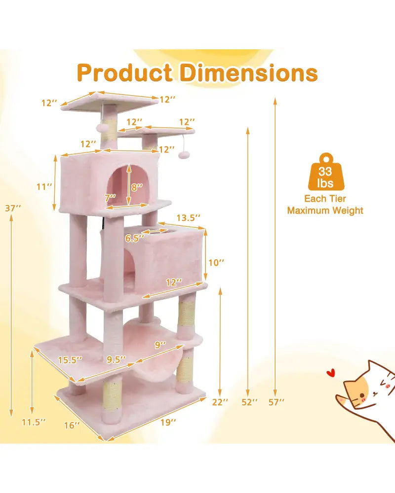 57 Inch Cat Tree with Dual Condos and Hammock and 2 Dangling Balls-Pink - Pink - Cat Trees Condos & Scratchers