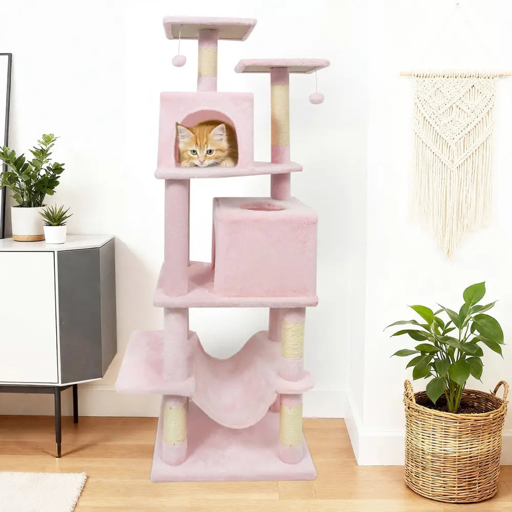 57 Inch Cat Tree with Dual Condos and Hammock and 2 Dangling Balls-Pink - Pink - Cat Trees Condos & Scratchers