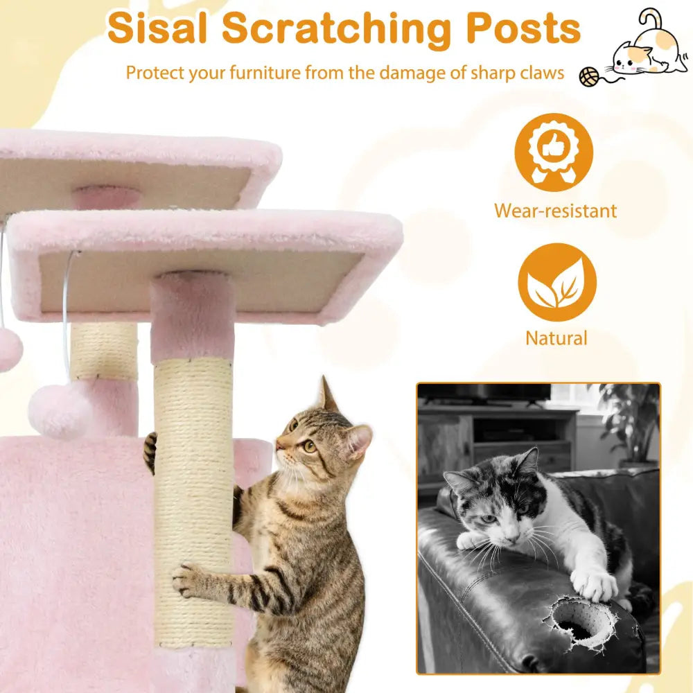 57 Inch Cat Tree with Dual Condos and Hammock and 2 Dangling Balls-Pink - Pink - Cat Trees Condos & Scratchers