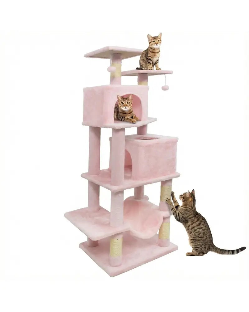 57 Inch Cat Tree with Dual Condos and Hammock and 2 Dangling Balls-Pink - Pink - Cat Trees Condos & Scratchers