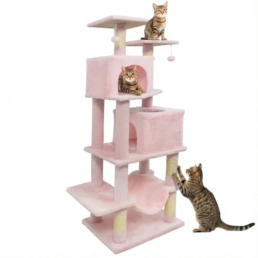 57 Inch Cat Tree with Dual Condos and Hammock and 2 Dangling Balls-Pink - Pink - Cat Trees Condos & Scratchers