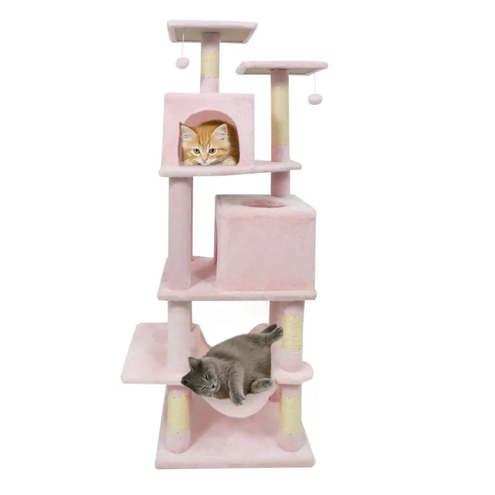 57 Inch Cat Tree with Dual Condos and Hammock and 2 Dangling Balls-Pink - Pink - Cat Trees Condos & Scratchers