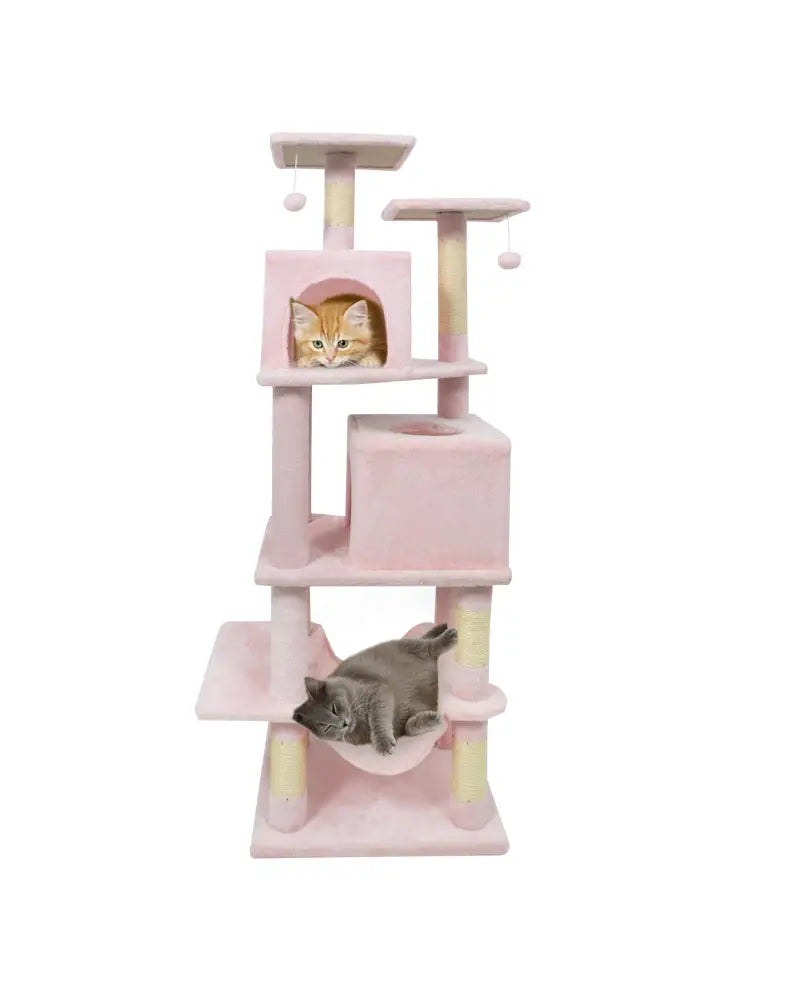 57 Inch Cat Tree with Dual Condos and Hammock and 2 Dangling Balls-Pink - Pink - Cat Trees Condos & Scratchers