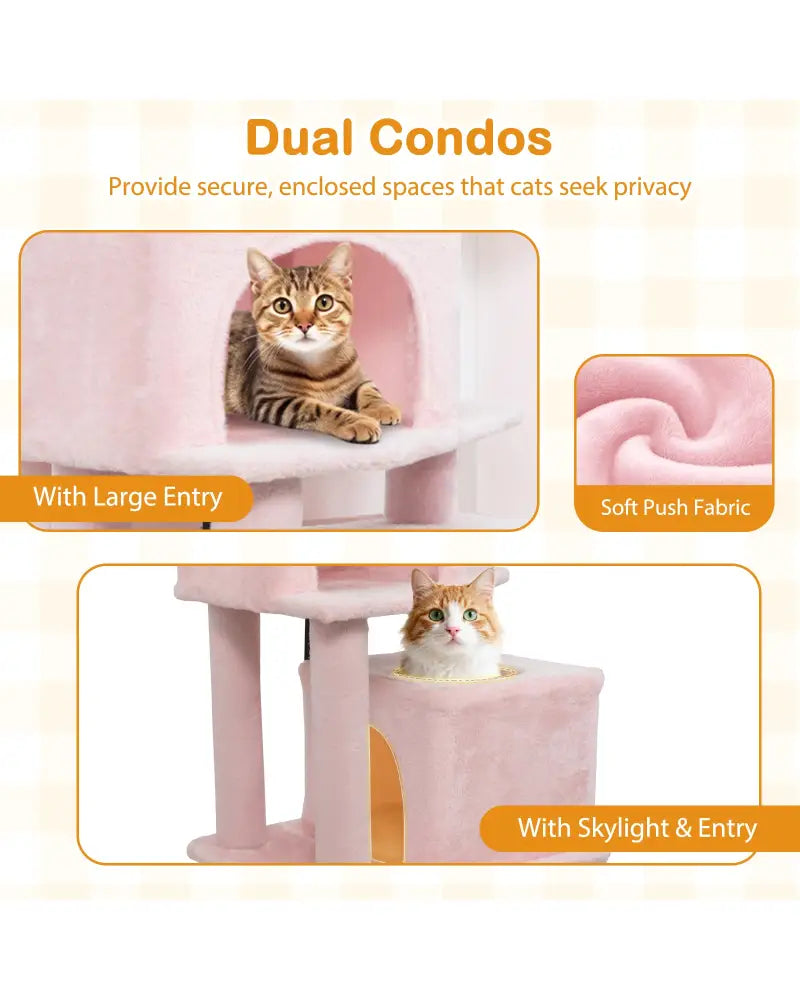 57 Inch Cat Tree with Dual Condos and Hammock and 2 Dangling Balls-Pink - Pink - Cat Trees Condos & Scratchers
