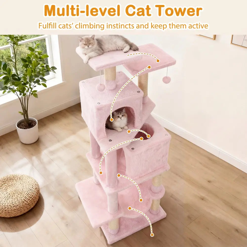 57 Inch Cat Tree with Dual Condos and Hammock and 2 Dangling Balls-Pink - Pink - Cat Trees Condos & Scratchers