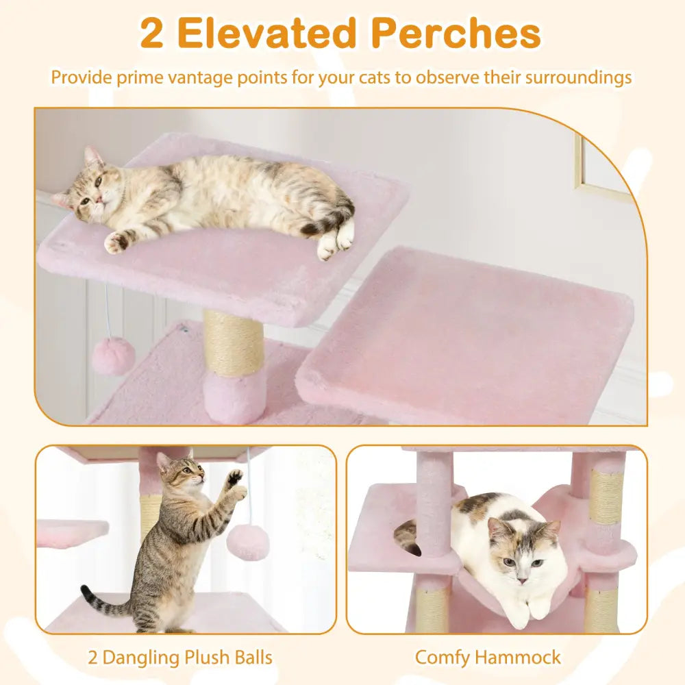57 Inch Cat Tree with Dual Condos and Hammock and 2 Dangling Balls-Pink - Pink - Cat Trees Condos & Scratchers
