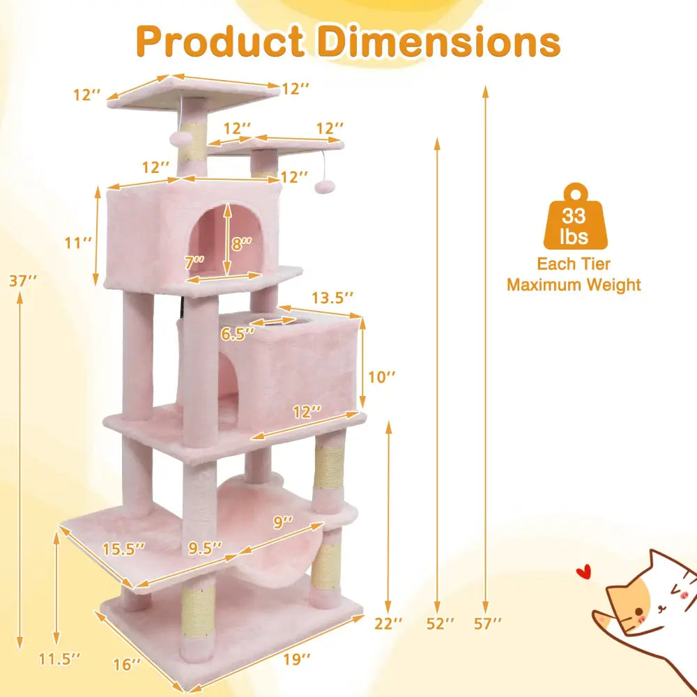 57 Inch Cat Tree with Dual Condos and Hammock and 2 Dangling Balls-Pink - Pink - Cat Trees Condos & Scratchers