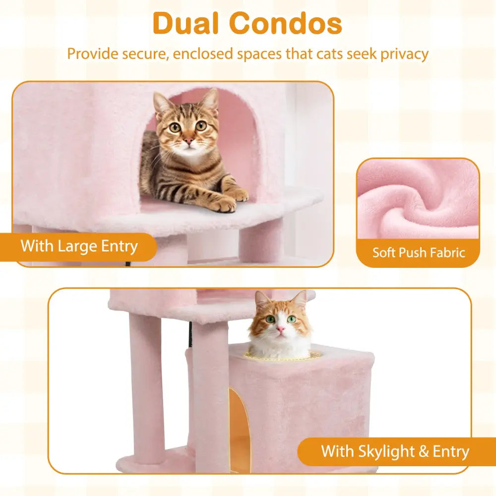 57 Inch Cat Tree with Dual Condos and Hammock and 2 Dangling Balls-Pink - Pink - Cat Trees Condos & Scratchers