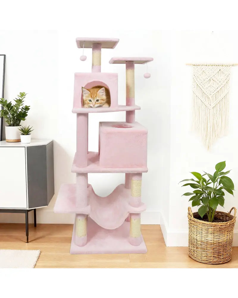 57 Inch Cat Tree with Dual Condos and Hammock and 2 Dangling Balls-Pink - Pink - Cat Trees Condos & Scratchers