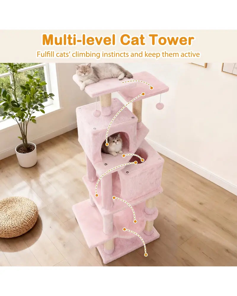 57 Inch Cat Tree with Dual Condos and Hammock and 2 Dangling Balls-Pink - Pink - Cat Trees Condos & Scratchers