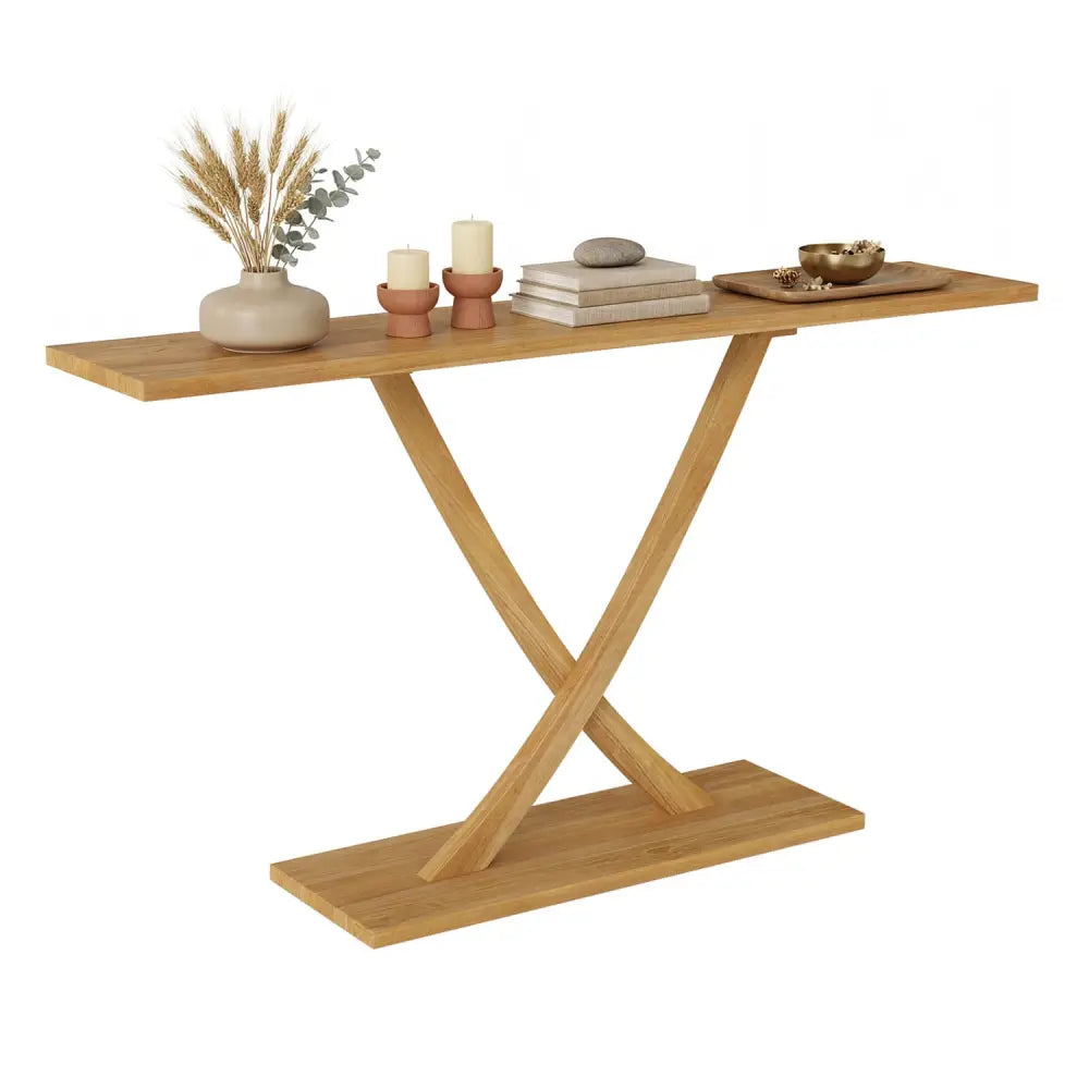 57 Inch Solid Wood Console Table with Teak Wood Frame and Geometric Design - Natural - Console Tables