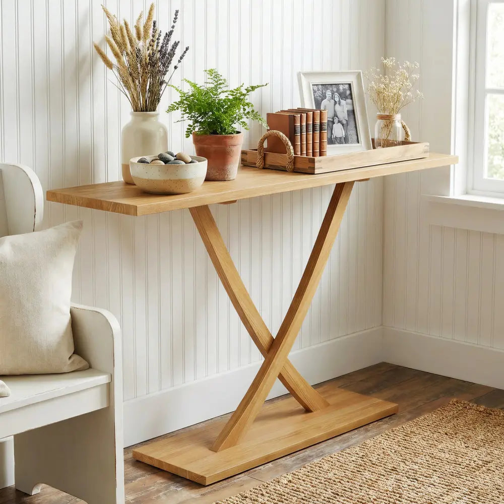 57 Inch Solid Wood Console Table with Teak Wood Frame and Geometric Design - Natural - Console Tables