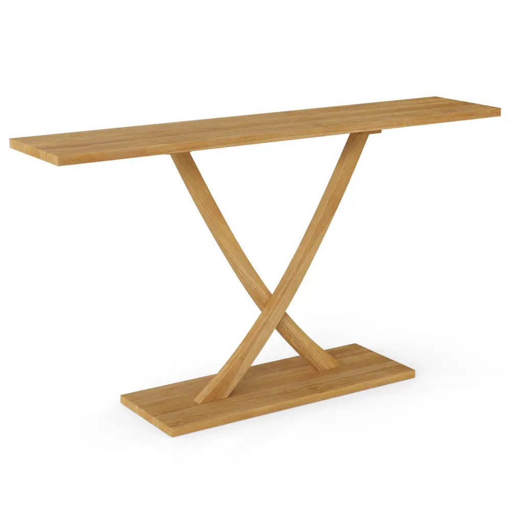 57 Inch Solid Wood Console Table with Teak Wood Frame and Geometric Design - Natural - Console Tables