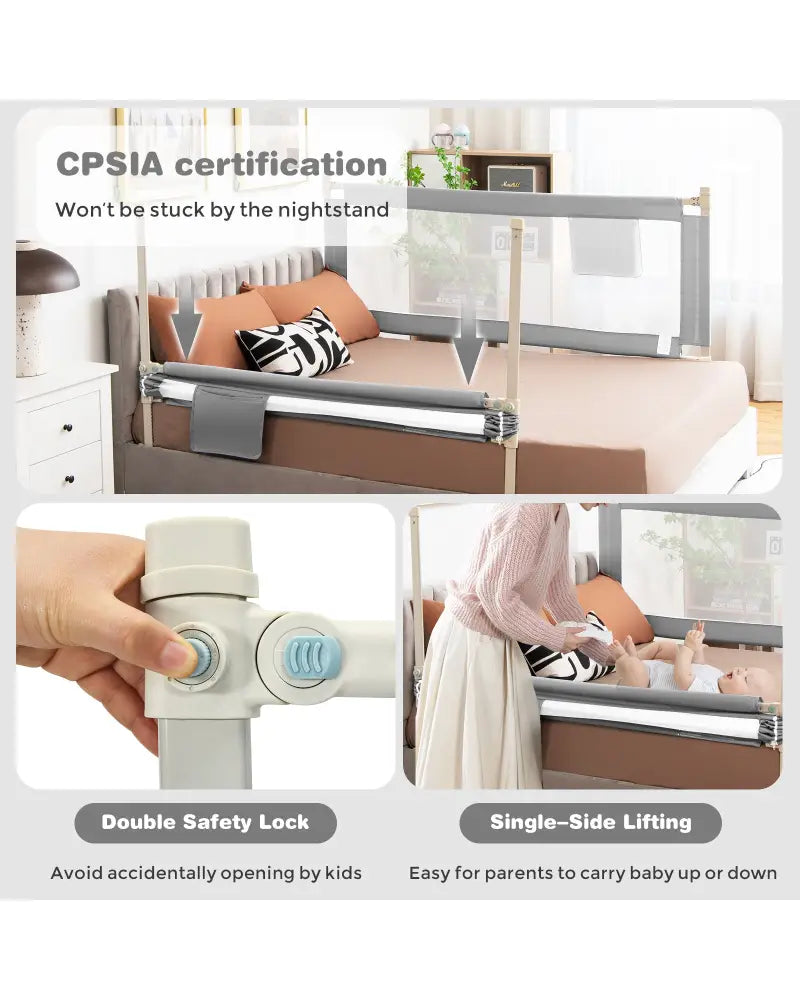 57 Inch Toddlers Vertical Lifting Baby Bed Rail Guard with Lock-Gray - Gray - Bed Rails