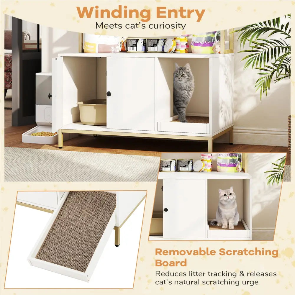 57 Inches Cat Litter Box Enclosure with Storage and Removable Scratcher-White - White - Cat Houses
