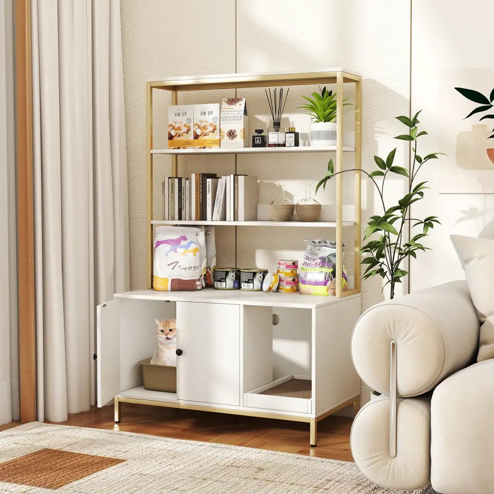 57 Inches Cat Litter Box Enclosure with Storage and Removable Scratcher-White - White - Cat Houses