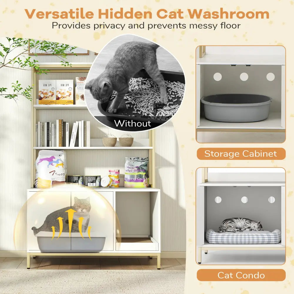 57 Inches Cat Litter Box Enclosure with Storage and Removable Scratcher-White - White - Cat Houses