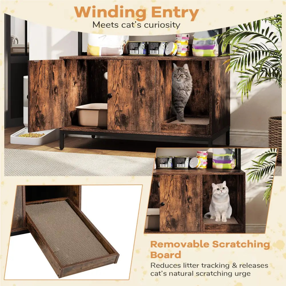 57 Inches Cat Litter Box Enclosure with Storage and Removable Scratcher-Coffee - Coffee - Cat Houses