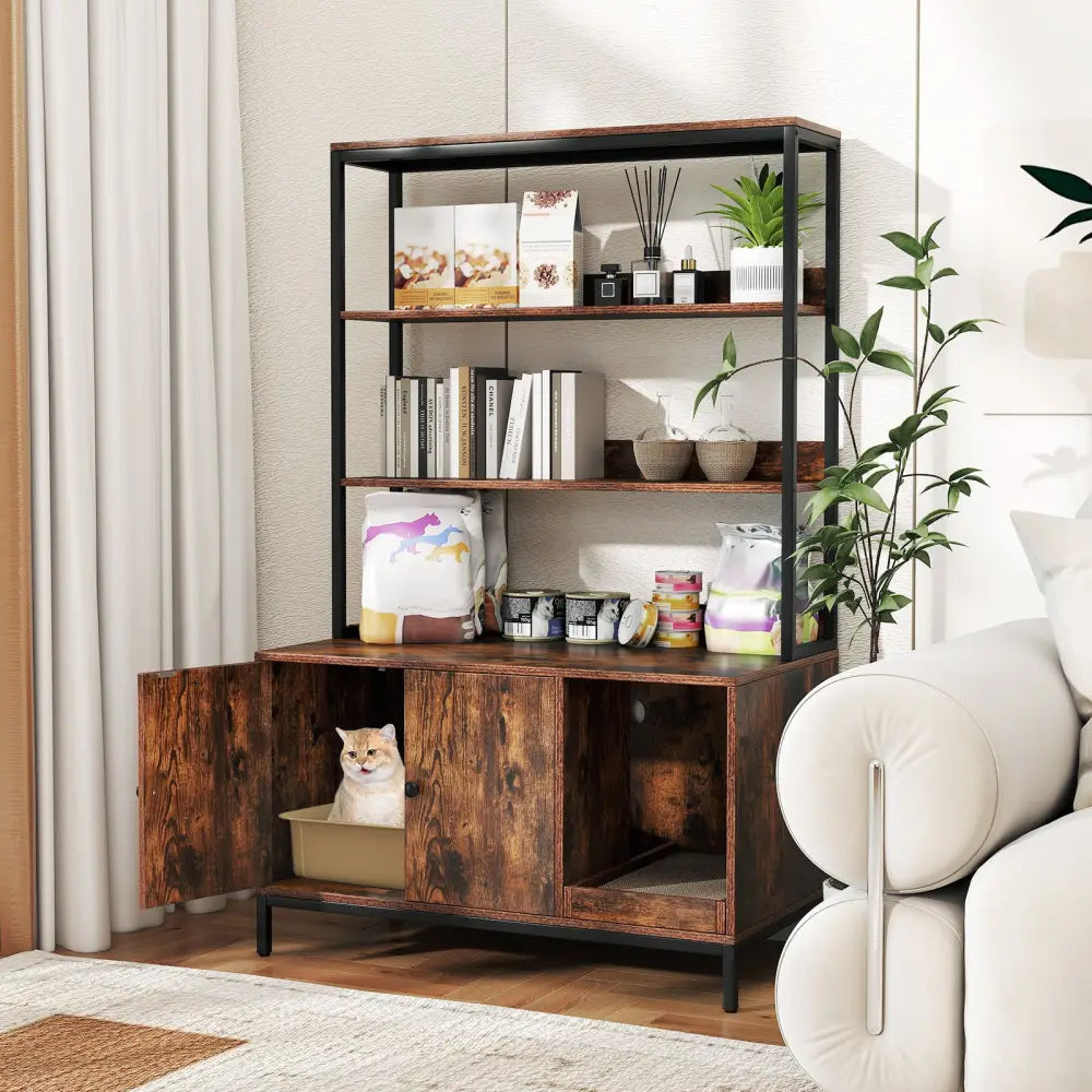 57 Inches Cat Litter Box Enclosure with Storage and Removable Scratcher-Coffee - Coffee - Cat Houses
