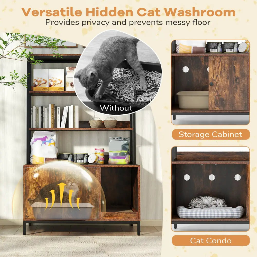 57 Inches Cat Litter Box Enclosure with Storage and Removable Scratcher-Coffee - Coffee - Cat Houses