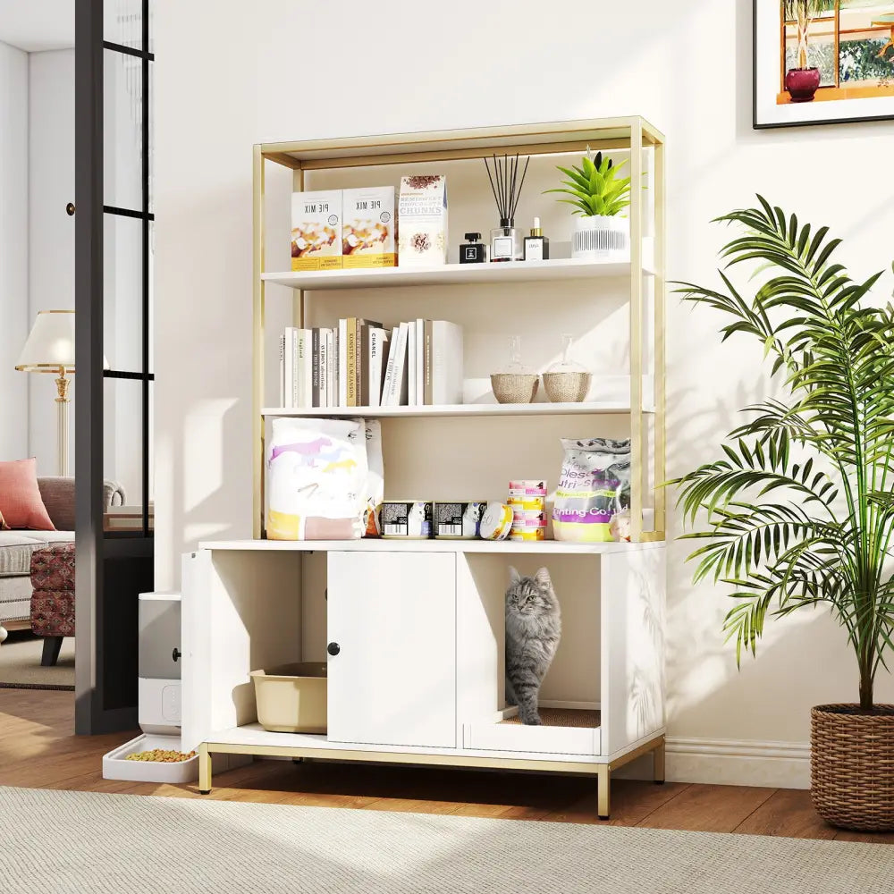 57 Inches Cat Litter Box Enclosure with Storage and Removable Scratcher-White - White - Cat Houses