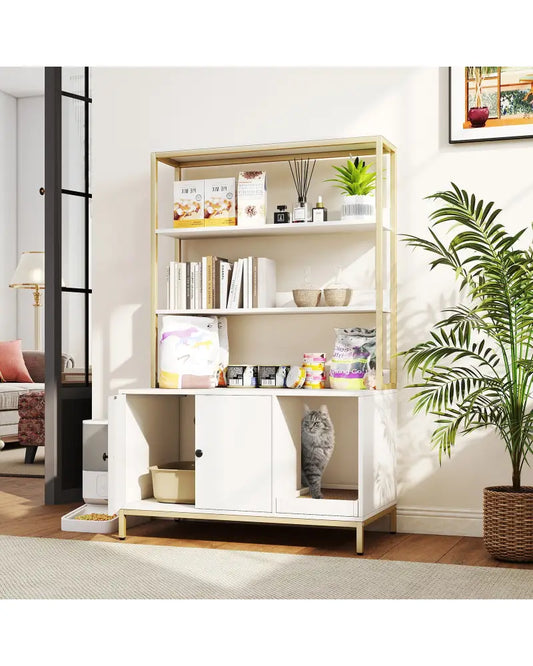 57 Inches Cat Litter Box Enclosure with Storage and Removable Scratcher-White - White - Cat Houses