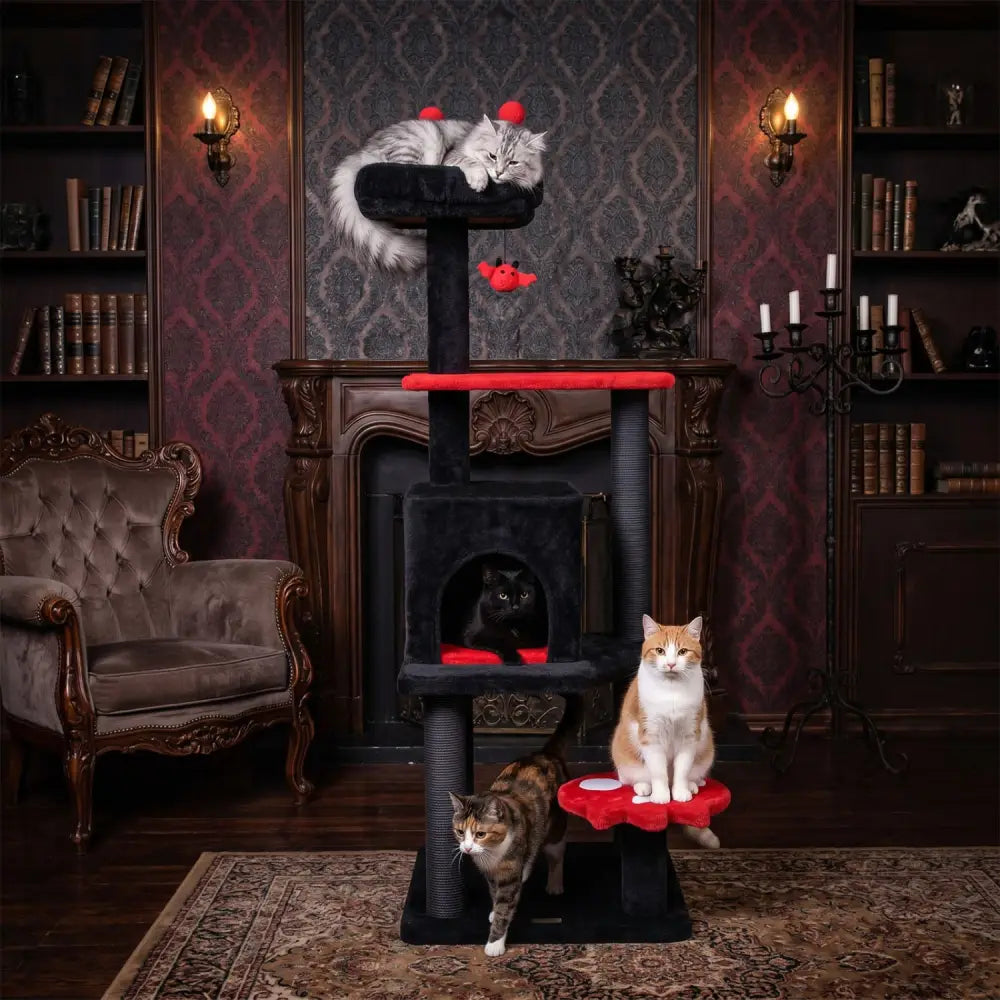 57’’ Spooky Cat Tower with Padded Perch and Spider-shaped Hanging Toy-Red - Red - Cat Trees Condos & Scratchers